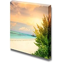 Canvas Prints Wall Art - Over Water Bungalows with Steps into Amazing Green Lagoon on Sunset - 16" x 16"