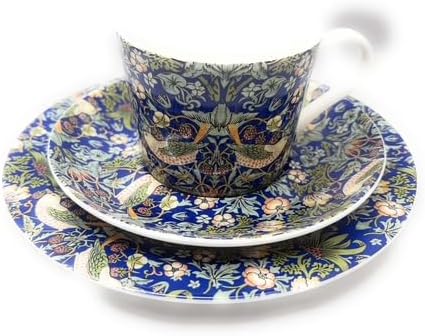 Heritage Fine Bone China Cup, Saucer and Side Plate Set, Blue Strawberry Thief William Morris Design, 7 fl oz Cup, 3 Piece Dinnerware Set
