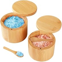Timtopno Bamboo Salt Cellar, 2 PCS Salt Container with Built-in Spoon, Salt Box Bowl with Magnetic Swivel Lid, Elegant Kitchen Salt Holder Saver Jar to Storage Pepper Spice Sea Salt for Countertop