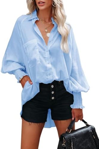Button Down Shirts for Women Oversized Smocked Cuffed Collared Boyfriend Shirt Long Sleeve Blouse Tunic Top with Pocket