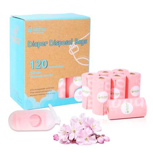 USBOO Disposable Diaper Bags for Baby - 8 Refill Rolls (120 Pack), Disposable Trash Bag with Dispenser - Cherry Blossom Scented, Pink, Ideal for Diaper Disposal