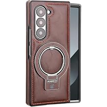 Case for Samsung Galaxy Z Fold 6, Premium PU Leather Protective Cover with Invisible Ring Stand Skin Friendly Anti-Fingerprint Shockproof Case (Dark Brown)