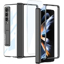 for Samsung Galaxy Z Fold 4 5G Clear Case with Magnetic Hinge Protection and Adjustable Kickstand & Screen Protector, Transparent Electroplating Magnetic Shockproof Cover for Z Fold 4 (Black)