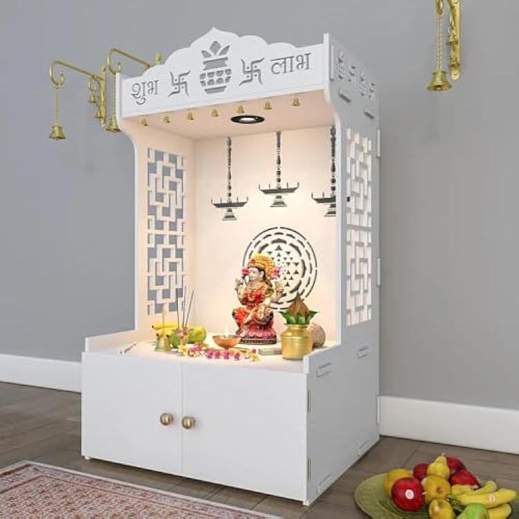 World of Deals Wooden TempleMandir for Home with Spacious Shelf Inbuilt Focus Light White Size-18D22W37H inch