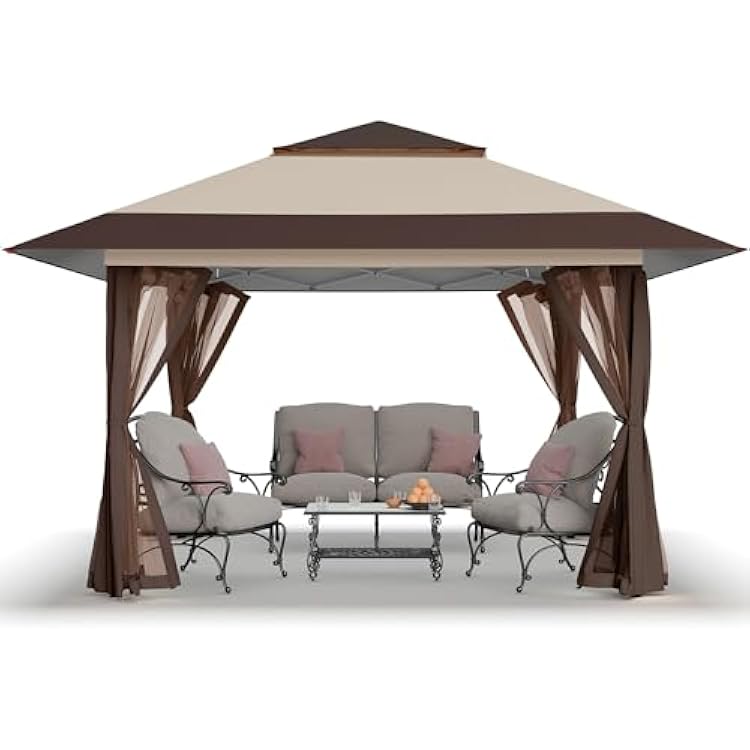CROWN SHADES 13x13 Pop Up Gazebo, Canopy Tent, Gazebos on Clearance - Outdoor Gazebo for Backyard & Patio Furniture - Carpa Pop Up Tent with Wheeled STO-N-Go Cover Bag (Beige & Coffee)