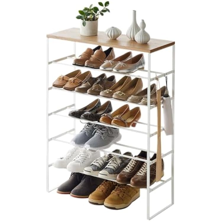 YAMAZAKI Home Six-Tier Shoe Organizer Tall Slim Shoe Rack for Entryway Or Closet, Narrow Metal Shoe Storage with Wooden Top, Steel, White, Easy Assembly, 34 - Steel - Holds 18 to 21 Shoe