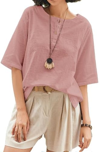 Cnlinkco Womens Cotton Tops Loose Fit Summer Linen Shirt Solid Short Sleeve Boho Clothes