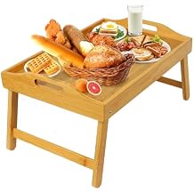 MorTime Bed Tray Table with Folding Legs, Bamboo Breakfast Tray with Handles for Bed, Sofa, Eating, Working, Foldable Laptop Desk Food Snack Tray Serving Tray