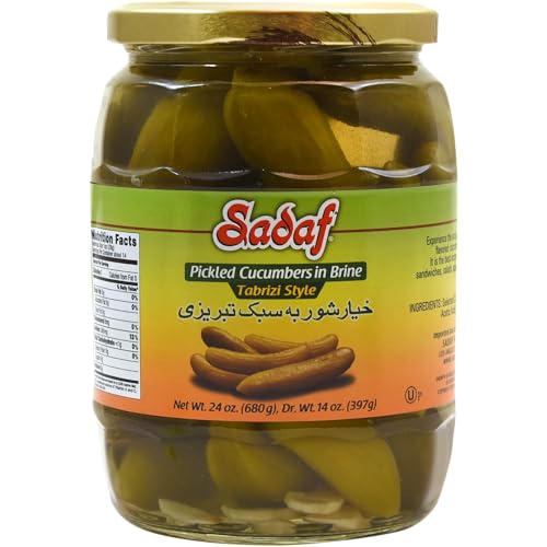 Sadaf Pickled Cucumbers in Brine - Tabrizi Style Pickled Cucumbers for Cooking, Flavoring and Snacking - Kosher and Vegetarian - 24.3 oz Jar