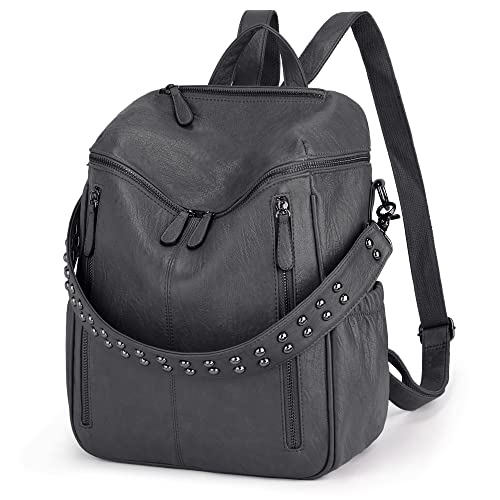 UTO Women Backpack Purse Leather Vegan Convertible Ladies Rucksack Shoulder Bag with Studded Strap Grey