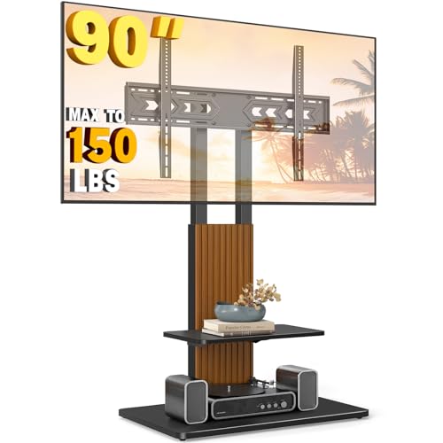 TVON Heavy Duty Floor TV Stand for 55-90 inch Large TVs up to 150 lbs, Tall TV Stand with Height Adjustable Mount, Universal TV Mount Stand with Large Storage Shelf and Wooden Base, Black and Walnut
