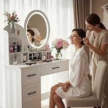 Small Vanity Desk with Mirror, LED Lighted Dressing Table, 4 Drawers and Storage Shelves, Modern White Makeup Table for Bedroom, Vanity Desk with Stool White