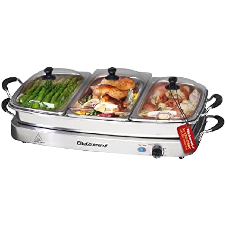 Elite Gourmet EWM-9933 Triple 3 x 2.5 Quart Trays Buffet Server 7.5 Qt Oven Safe Pan Food Warmer, Temperature Control, Clear Slotted Lids, Perfect for Parties, Entertaining & Holidays, Stainless Steel