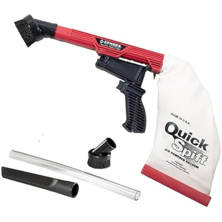 Zendex Tool - QuickSpiff Venturi Air Vacuum with Easy Empty Dust Bag - No Electricity Pneumatic Vacuum with Powerful Suction for Industrial and Personal Use - Red