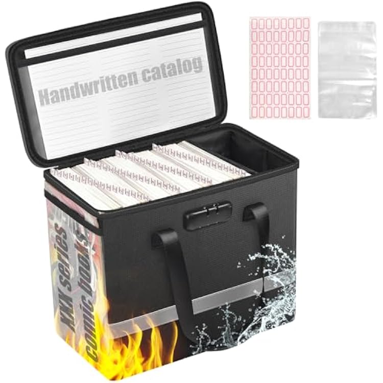 Fireproof Comic Book Storage Box - Holds 140 Comics, Organizer Kit with 50 Protective Bags, Label Stickers and Catalog, Comic Book Bin with Adjustable Divider, Lock & Reflective Strips Case Only