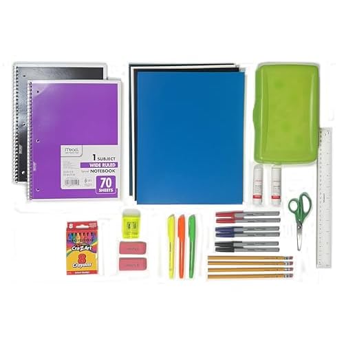 26-Piece Student Stationery Set for Elementary to High School, Includes Highlighters, Pens, Pencils, Glue Sticks, Notebooks, Portfolios, Scissors & More