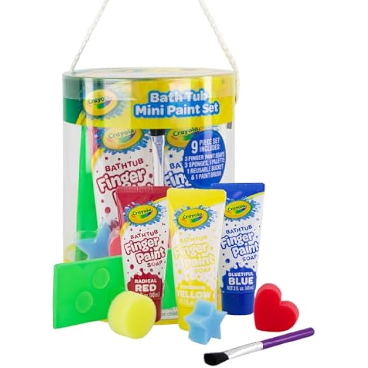 Crayola Bath Tub Mini Paint Set 9 Piece Art Kit - Brushes, Sponges, Wash Away Finger Paints, Blue Yellow & Red Color Tub Fingerpaints