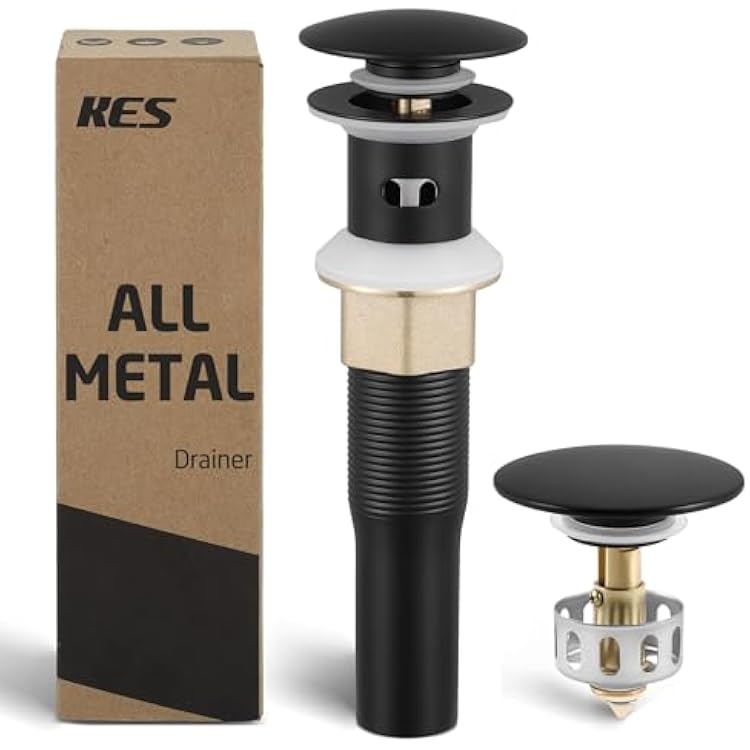 KES All Metal Bathroom Sink Drain with Strainer Basket Hair Catcher Anti Clog Pop Up Drain Stopper for Lavatory Vanity Vessel Sink with Overflow, Rustproof 188 Stainless Steel Matte Black S2013A-BK