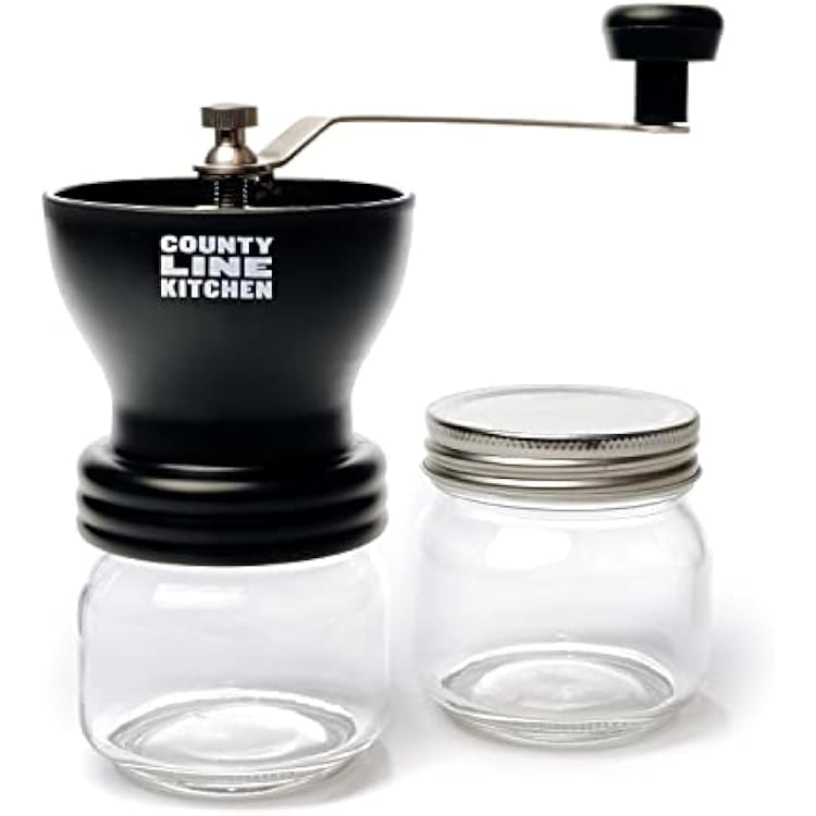 County Line Kitchen, Manual Coffee Grinder with Ceramic Burr, Adjustable Coarseness, Hand Coffee Bean Grinder, Two Glass Jars 250ml each with Metal Lids