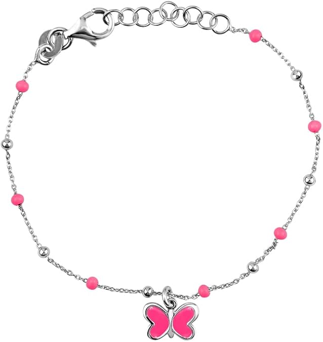 UNICORNJ Sterling Silver Kids Bracelet for Girls Heart Butterfly Charm Enamel Hand Painted | Made in Italy | Bead Chain 6.25"
