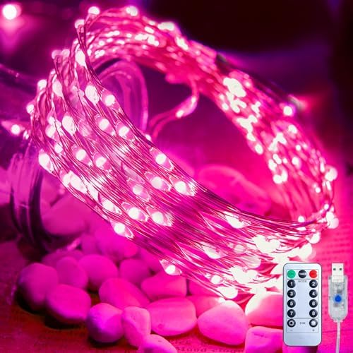 Fairy Lights Plug in, 33Feet 100 LEDs USB Twinkle String Lights with Remote and Timer, Waterproof 8 Modes for Bedroom Indoor Wreath DIY Wedding Holiday Christmas Valentines Day Decoration, Pink