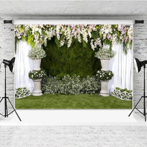 MOONTEE Wedding Ceremony Backdrop Floral Grass White Curtain Green Ivy Wall Photo Backdrop Lover Marriage Proposal Bridal Shower Reception Photo Booth Props Banner 7x5ft