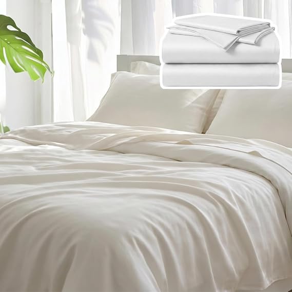 Vesta Sheet Set Soft, Breathable & Cooling, 100% Viscose Derived from Bamboo, Perfect for a Comfortable Sleep, Includes 1 Fitted Sheet, 1 Flat Sheet & 2 Pillowcases (Alaskan White, Full/Queen)