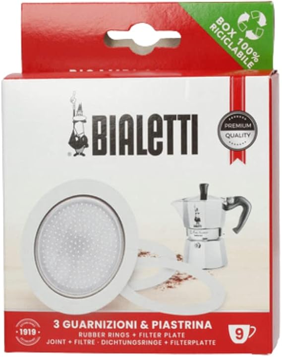 Bialetti 3 Gaskets Rubber Rings 1 Filter Plate for Moka 9 Cups