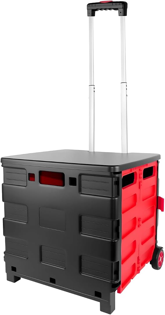Collapsible Shopping Box Trolley on Wheels with Lid, 35L Folding Boot Cart for Groceries, Heavy Duty Folding Trolley Box Cart That Folds Flat, Storage Box Wheel Crate Trolley for Home & Camping