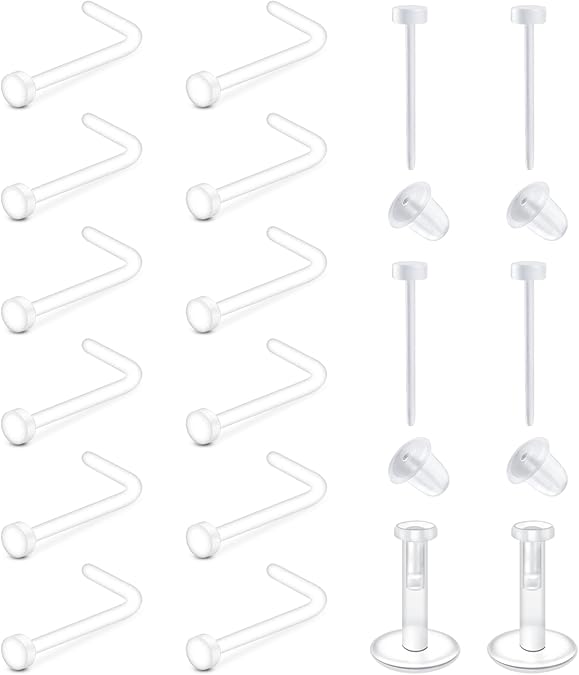 QWALIT Clear Nose Rings Studs L Shape Piercing Retainer Flexible Nose Bone Flesh Skin Color Nostril Piercing Retainer for Work 18g 20g Flat Top