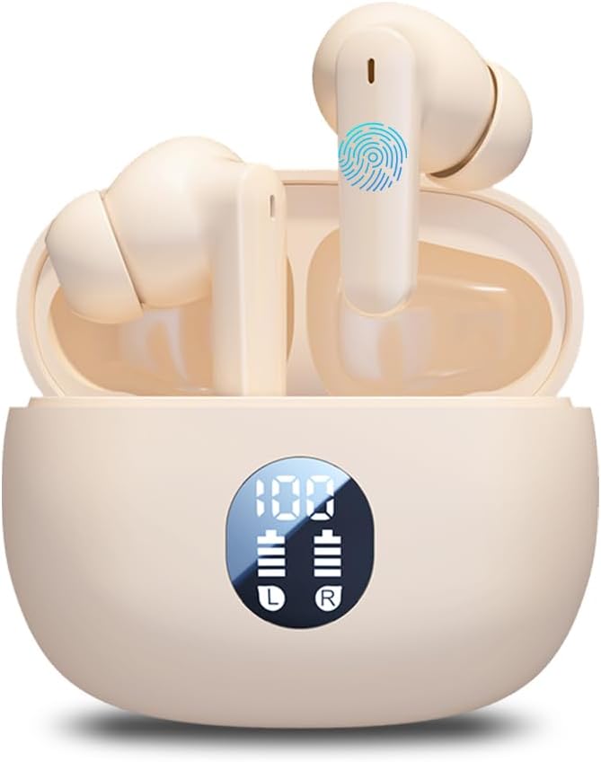 Wireless Earbuds Bluetooth, Ear Buds with Deep Bass, 48H Long Playtime, Power Display, IPX7 Waterproof in Ear Earphone with Mic for Phone Tablet Sports Workout Off White