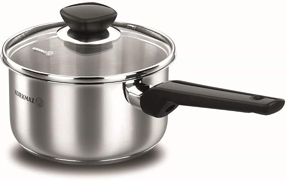 Korkmaz 18/10 Stainless Steel Sauce Pan with Glass Lid Cookware (2 Quart)