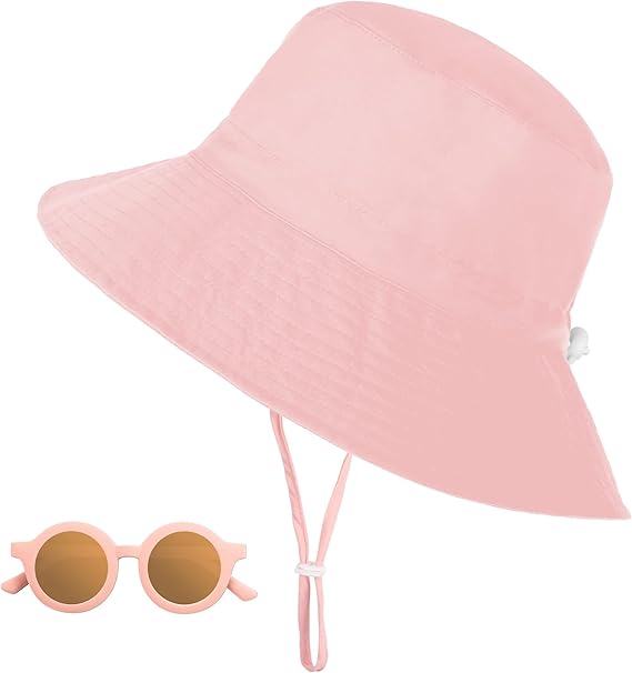 Baby Sun Hat with Sunglasses, UPF 50+ Wide Brim Kids Bucket Hat with Neck Protection, Adjustable Beach Hats for Boys & Girls