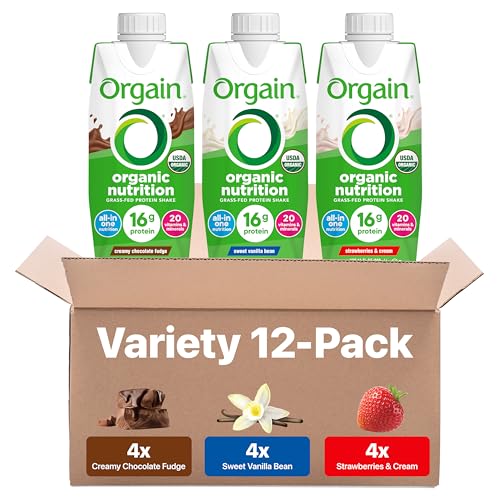 Orgain Organic Nutritional Protein Shake, 16g Grass Fed Whey Protein, Meal Replacement, 20 Vitamins & Minerals, Fruits & Vegetables, Variety Pack, Chocolate, Vanilla, Strawberry, 11 Fl Oz 12 Pack