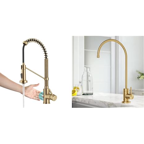 KRAUS Bolden Touchless Sensor Commercial Style Pull-Down Single Handle 18-Inch Kitchen Faucet in Brushed Brass, KSF-1610BB | KRAUS Purita 100% Lead-Free Kitchen Water Filter Faucet in Brushed Brass, FF-100BB