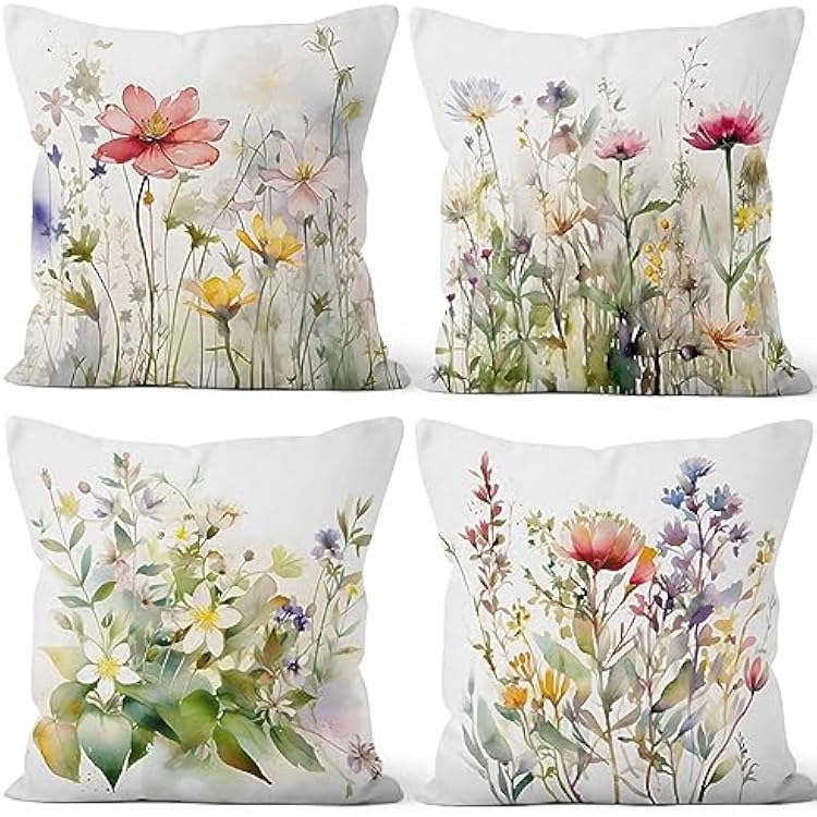 Spring Flowers Throw Pillow Covers, Floral Plant Modern Decorative Throw Pillow Case, 4-Pack Double-Side Printed Pillowcases for Sofa and Living Room, 20x20 in