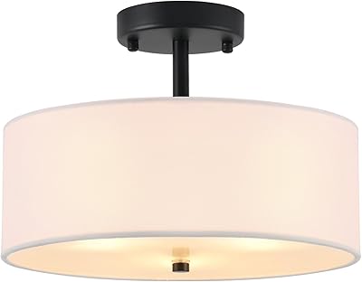 12.6 Semi Flush Mount Ceiling Light Fixture, 3-Light Black Drum Flush Mount Light Fixtures with White Fabric Shade, Modern Close to Ceiling Lights for Living Room Bedroom Hallway Entryway Foyer