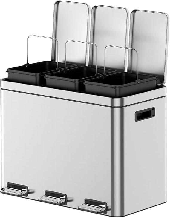 3 x 4 Gal (3 x 15L) Trash Can, Stainless Steel Triple Compartment Step-On Recycling Bin with Soft-Close Lids & Removable Plastic Inner Buckets for Kitchen, Home, Office