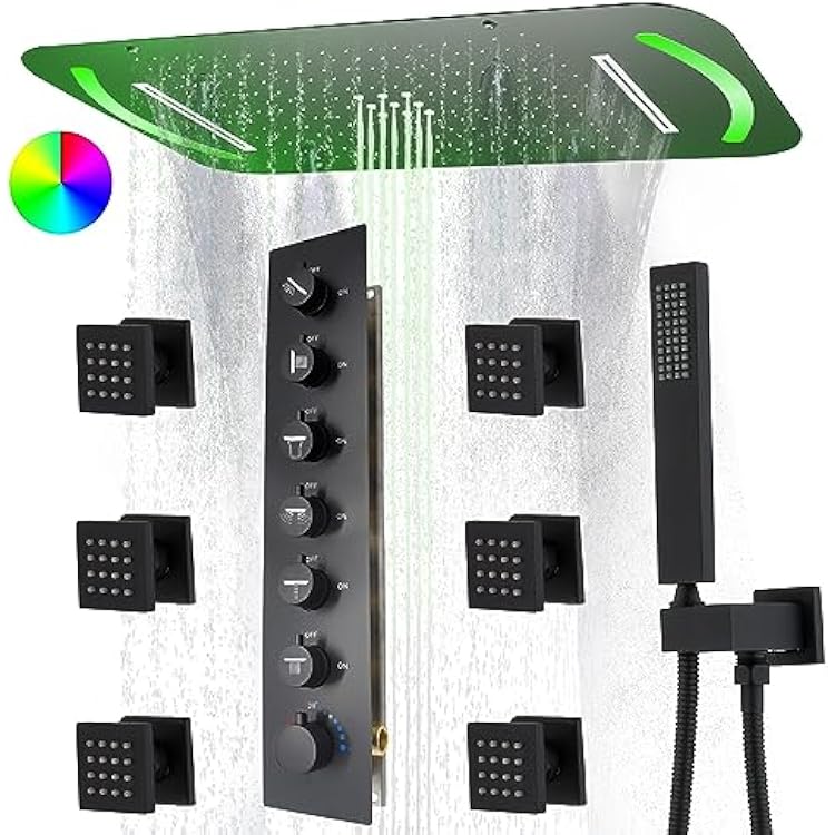 4 Functions LED Shower Head System with Rain Shower with 6pcs Body Jet Spray, 27.95inch Rainfall Shower Faucet Set Complete with 6 Way Thermostatic Shower Valve Kitwith Shower Print, Black