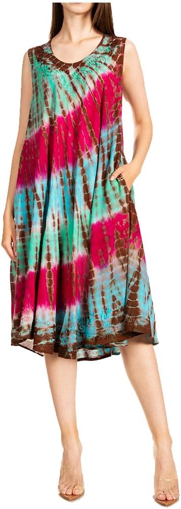 Sakkas Nora Sleeveless Embroidered Short Tie Dye Caftan Dress/Cover Up