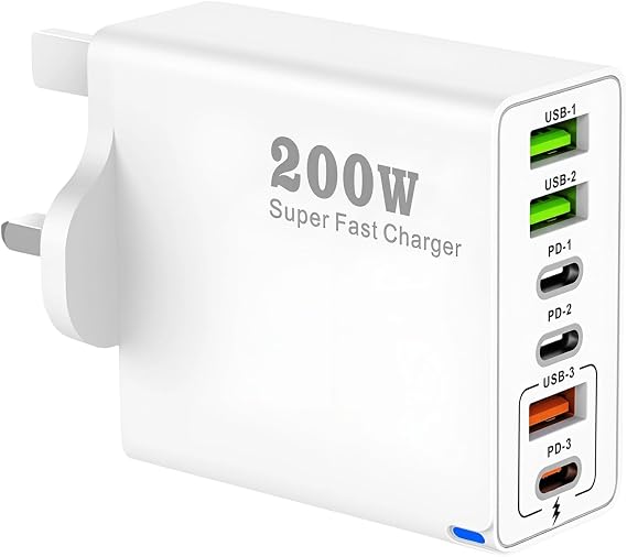 200W USB C Charging Station, 6-Port Fast Charger Plug with PD 100W/65W/45W/20W, GaN III Multi USB C Charger Hub for MacBook, Dell, Steam Deck, 15/16/14 Pro, USB Multi Charger Block