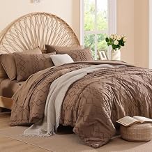 AMBERSPACE King Size Comforter Set Brown, Tufted Geometric Boho Bedding Farmhouse Bed Set, All Season 7 Pieces Bed in a Bag with Sheets, Pillowcases & Shams