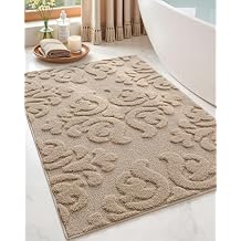 DEXI Bathroom Rug 24x36, Non Slip Washable Bath Mat for Shower Floor, Absorbent Soft Bathmat with Rubber Backing, Plush Fluffy Microfiber Floral Retro Carpet, Beige