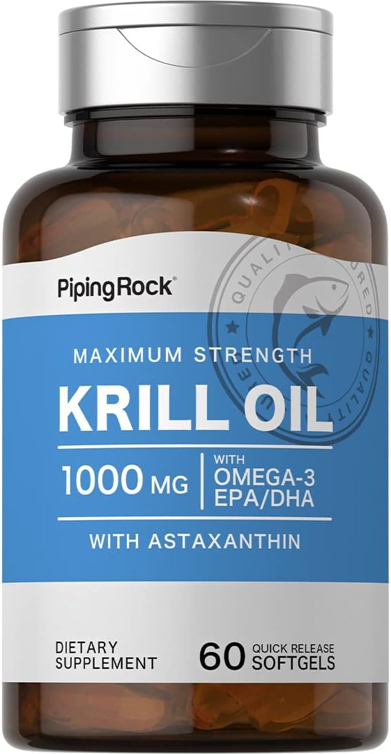 Piping Rock Krill Oil 1000mg Softgels | 60 Count | Supplement for Women and Men | with Omega 3, Astaxanthin, EPA, DHA | Non-GMO, Gluten Free