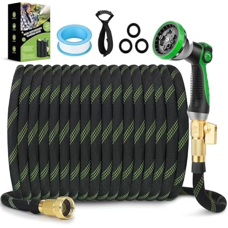 Non-Expandable Garden Hose 75 ft, Ultra Lightweight & Flexible Water Hose With 10-Pattern Spray Nozzle, Full Length Leak-Proof Design, High-Density Fabric & Shut-Off Valve, Hose Straps