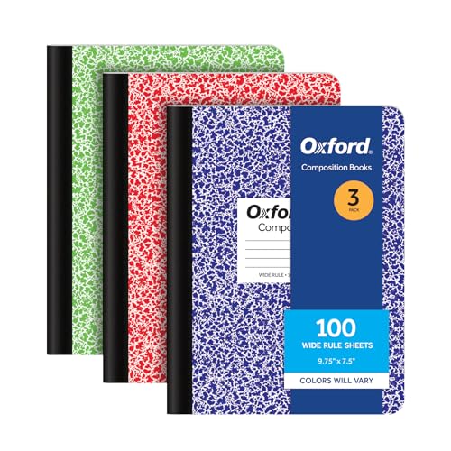 Oxford Composition Notebooks, 3 Pack, Cover Colors Vary, Wide Ruled Paper, 9-34 x 7-12 Inch School Journals, Assorted Marble Covers, 100 Sheets per Book 1002517