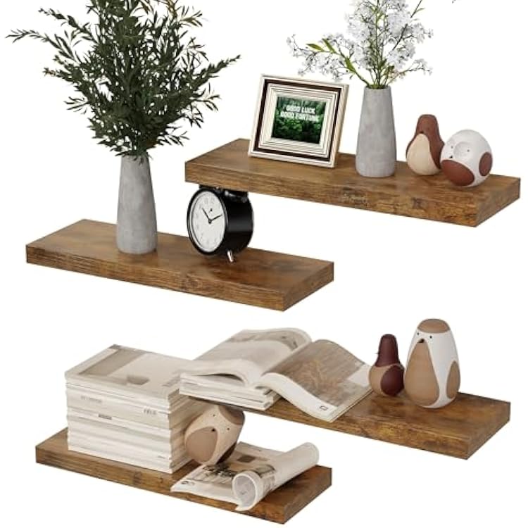 Boswillon Floating Shelves for Wall, 4 Sets Modern Storage Shelves, Display Shelves for Wall Decor, Brown Floating Shelves for Bathroom, Kitchen, Living Room Rustic Brown