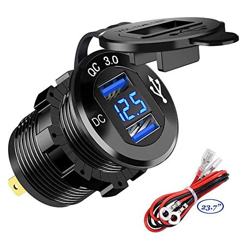 Quick Charge 3.0 Dual USB Car Charger Socket 12V24V 36W QC3.0 Dual USB Fast Charger Aluminum Socket Power Outlet with LED Voltmeter for Marine, Boat, Motorcycle, Truck, Golf Cart