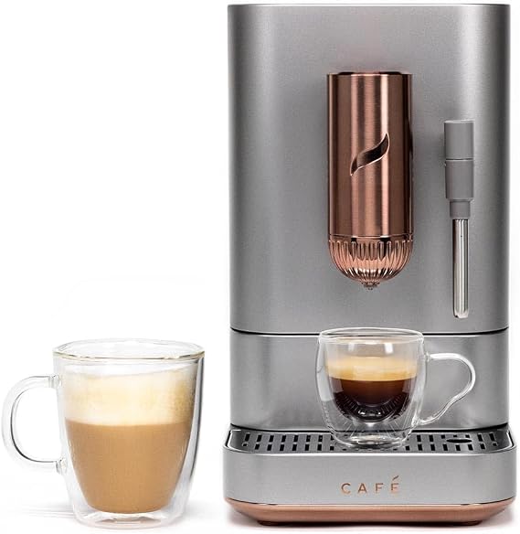 Cafe Affetto Automatic Espresso Machine + Milk Frother | Built-In & Adjustable Espresso Bean Grinder | One-Touch Brew in 90 Seconds | Steel Silver, 1.2 Liter, (C7CEBBS2RS3)