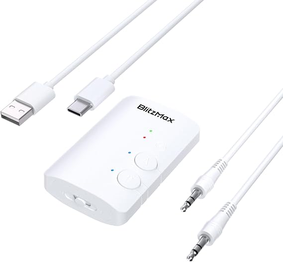 Bluetooth 5.3 Adapter Transmitter/Receiver 2-in-1 Mini Wireless with 3.5mm Audio Cable, Dual Link AptX Adaptive Bluetooth Adapter for Airplane/PC/TV/Car/Gym - White, Black